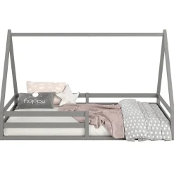 Lit cabane SILA 90 x 200 cm, en pin massif gris