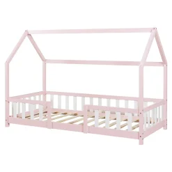 Lit cabane Sisimiut avec matelas 90 x 200 cm rose / blanc en.casa