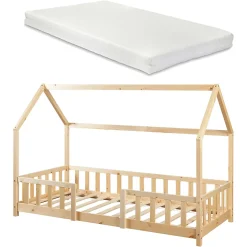 Lit cabane Sisimiut avec matelas 90 x 200 cm naturel en.casa