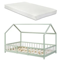 Lit cabane Sisimiut avec matelas 140 x 200 cm vert menthe / blanc en.casa