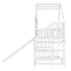 Lit cabane superposé avec toboggan, escalier, fenêtres, garde-corps, bois massif, blanc
