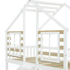 Lit cabane superposé avec toboggan, escalier, fenêtres, garde-corps, bois massif, blanc