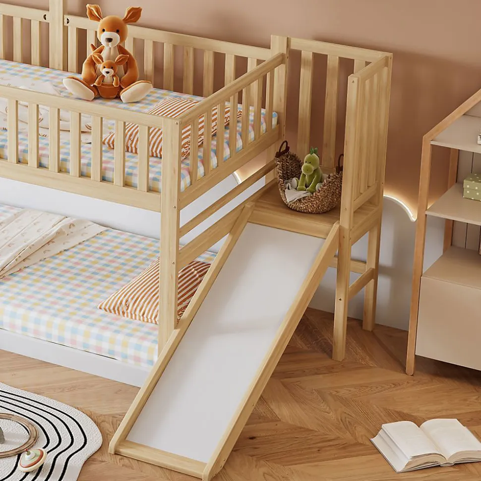 Lit Cabane Superposé 90x200cm Échelle Toboggan Naturel Blanc Blackcolors