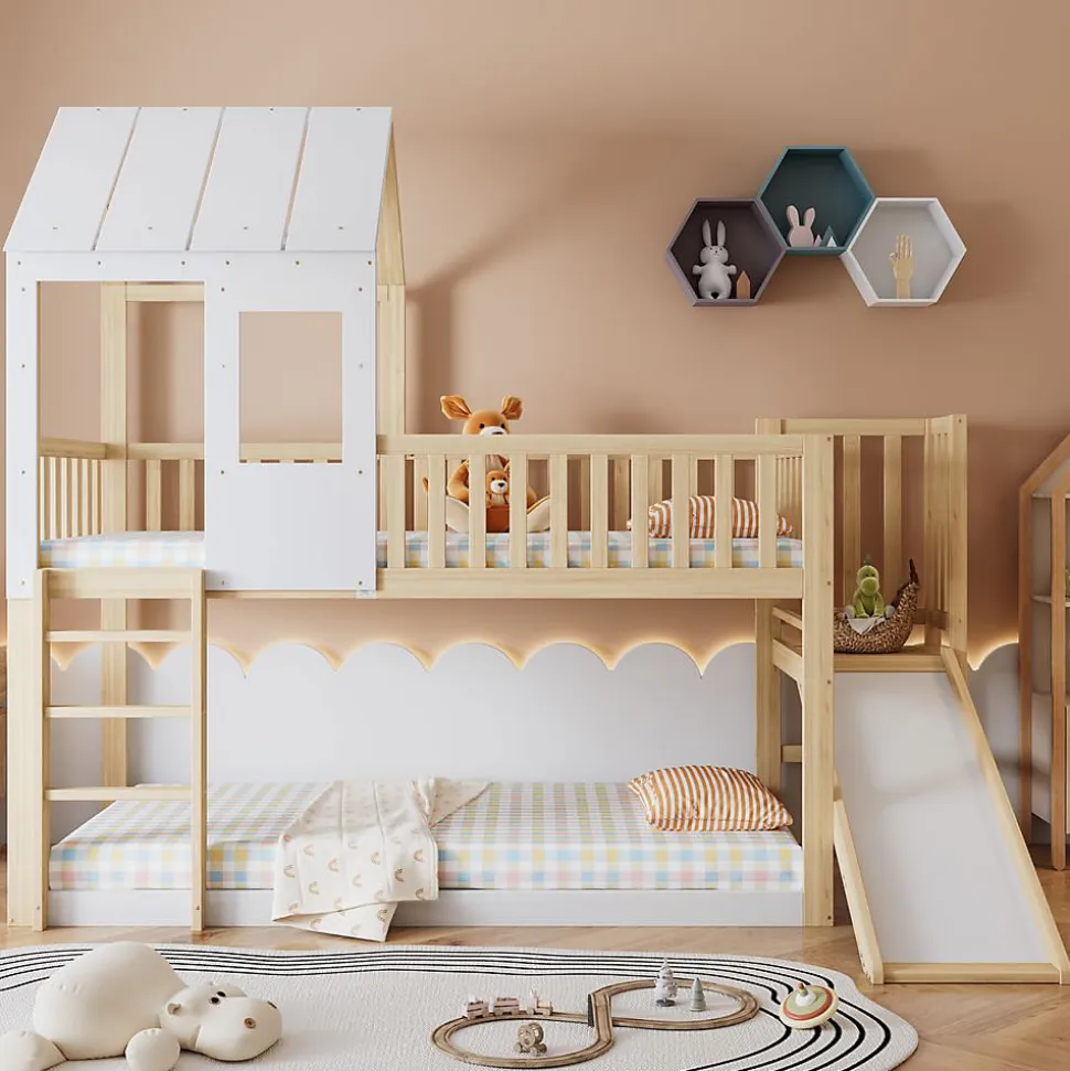 Lit Cabane Superposé 90x200cm Échelle Toboggan Naturel Blanc Blackcolors