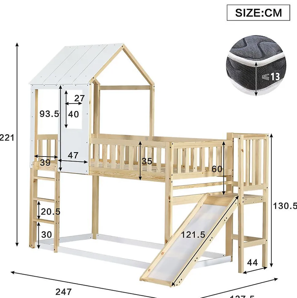 Lit Cabane Superposé 90x200cm Échelle Toboggan Naturel Blanc Blackcolors