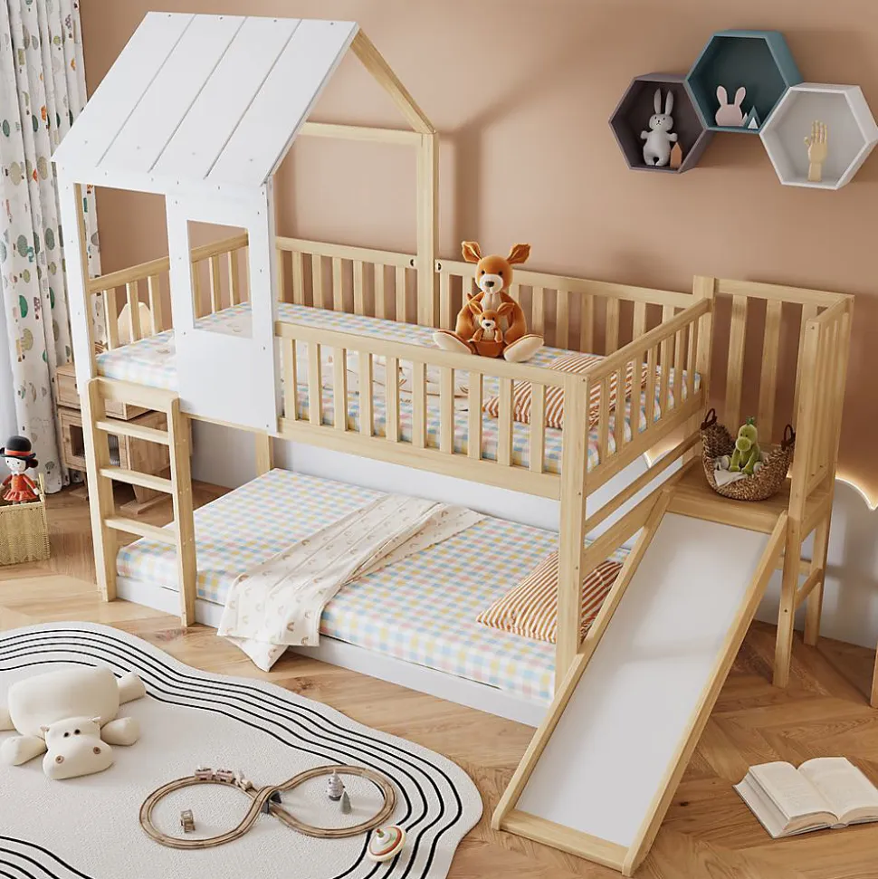 Lit Cabane Superposé 90x200cm Échelle Toboggan Naturel Blanc Blackcolors