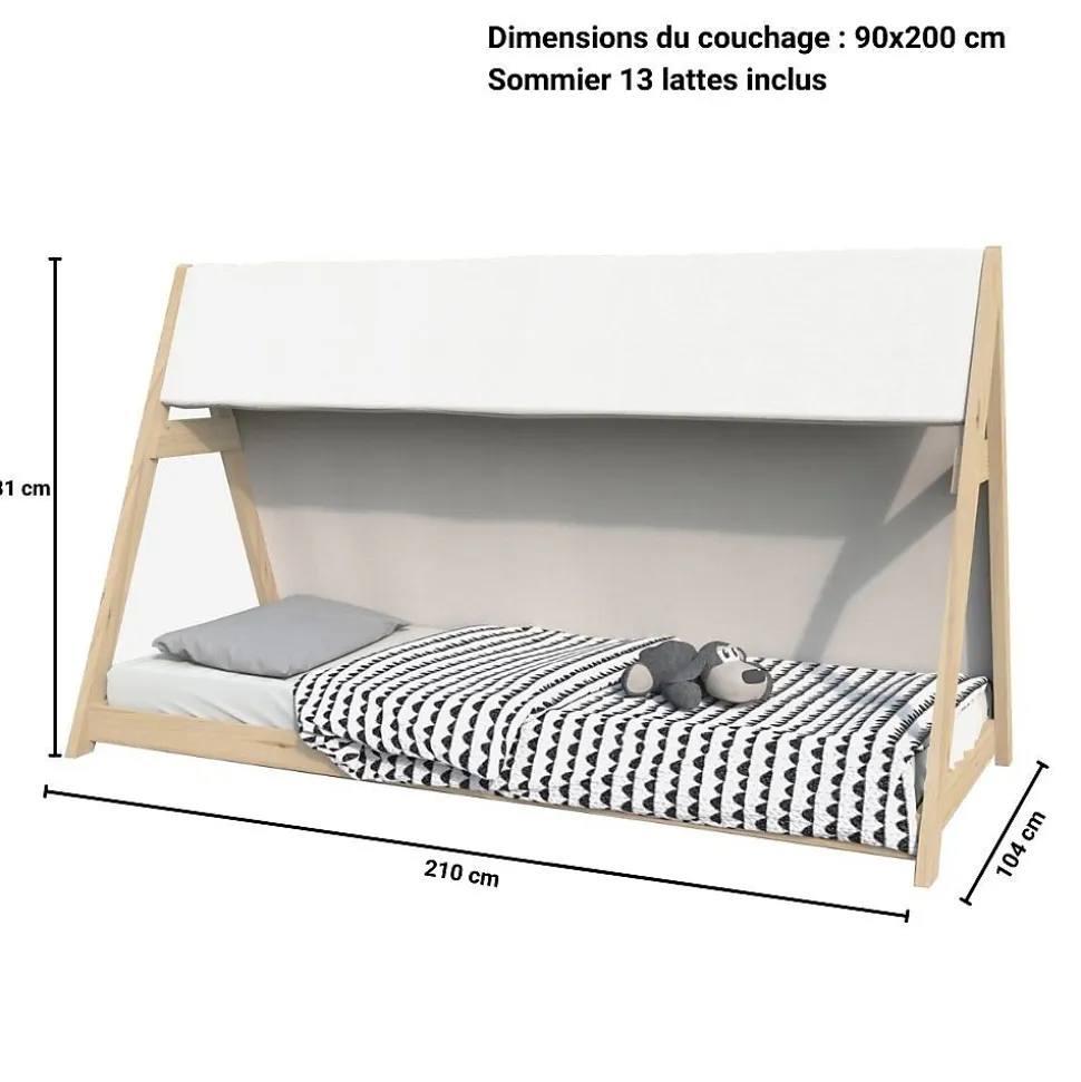 Lit cabane TIPI 90x200 + 1 toile + 1 sommier / Naturel
