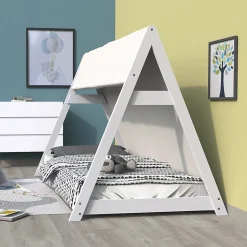 Lit cabane TIPI 70x140 + 1 toile + 1 sommier / Blanc