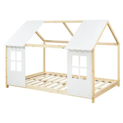 Lit cabane Tostedt pour enfant forme maison bois de pin 140 x 200 cm naturel blanc en.casa
