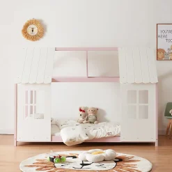 Lit cabane Tostedt pour enfant forme maison bois de pin 90 x 200 cm rose blanc en.casa