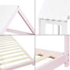 Lit cabane Tostedt pour enfant forme maison bois de pin 90 x 200 cm rose blanc en.casa