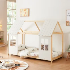 Lit cabane Tostedt pour enfant forme maison bois de pin 90 x 200 cm naturel blanc en.casa