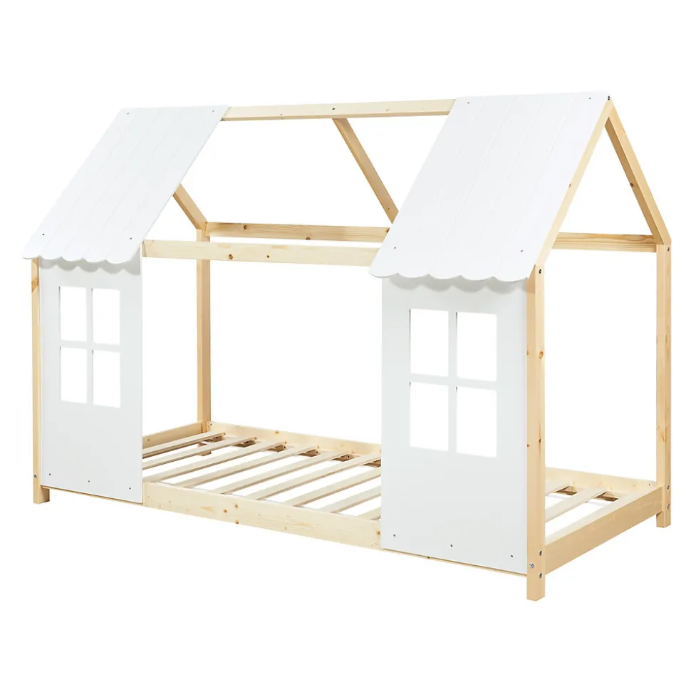 Lit cabane Tostedt pour enfant forme maison bois de pin 90 x 200 cm naturel blanc en.casa