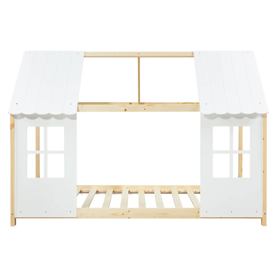 Lit cabane Tostedt pour enfant forme maison bois de pin 90 x 200 cm naturel blanc en.casa