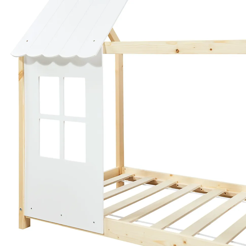 Lit cabane Tostedt pour enfant forme maison bois de pin 90 x 200 cm naturel blanc en.casa