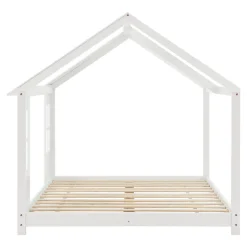 Lit cabane Tostedt pour enfant forme maison bois de pin 140 x 200 cm blanc en.casa