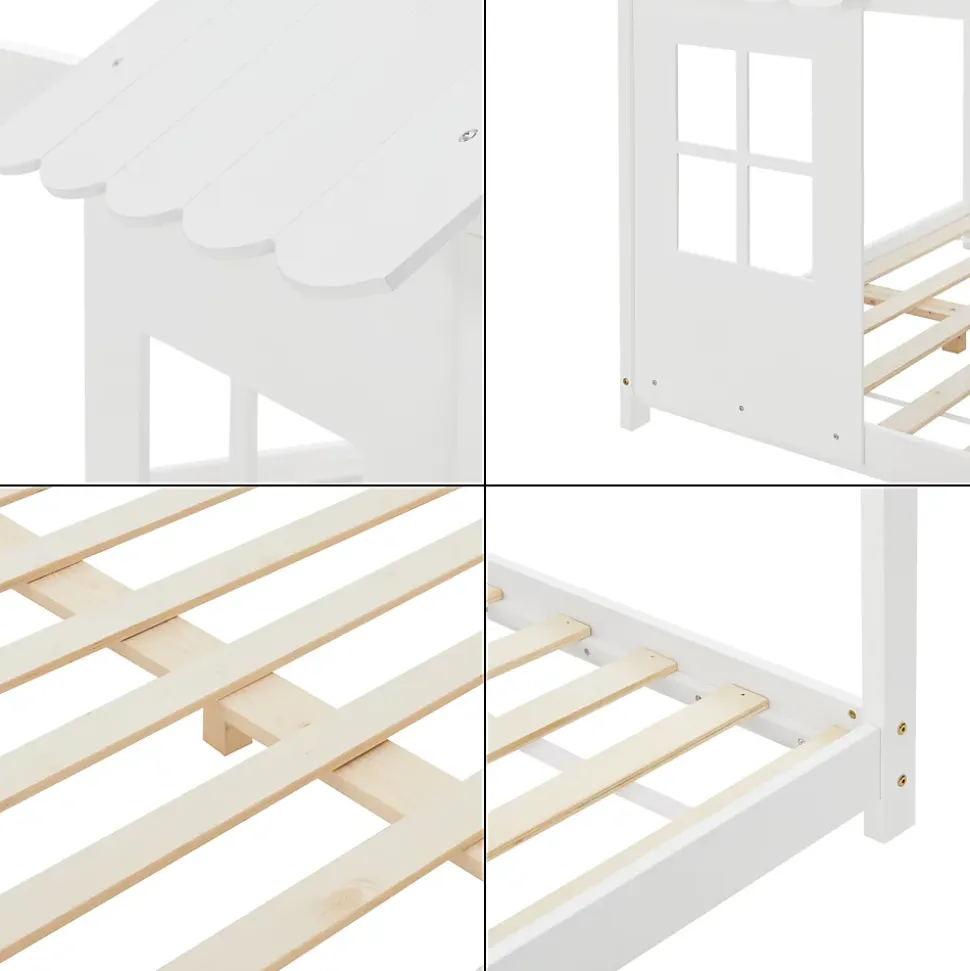 Lit cabane Tostedt pour enfant forme maison bois de pin 120 x 200 cm blanc en.casa