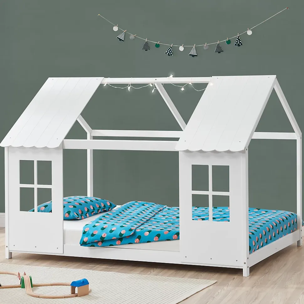 Lit cabane Tostedt pour enfant forme maison bois de pin 120 x 200 cm blanc en.casa