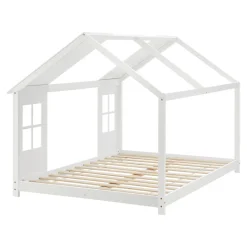 Lit cabane Tostedt pour enfant forme maison bois de pin 120 x 200 cm blanc en.casa
