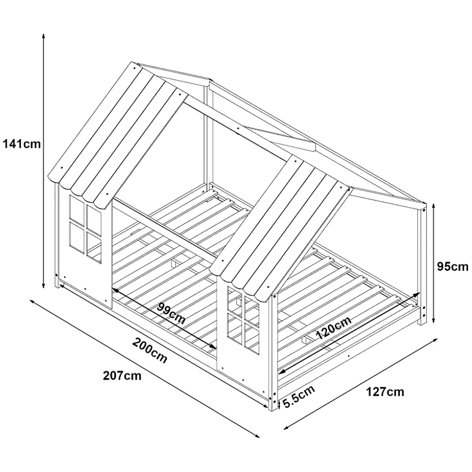 Lit cabane Tostedt pour enfant forme maison bois de pin 120 x 200 cm blanc en.casa