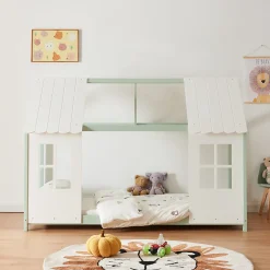 Lit cabane Tostedt pour enfant forme maison bois de pin 90 x 200 cm vert menthe blanc en.casa