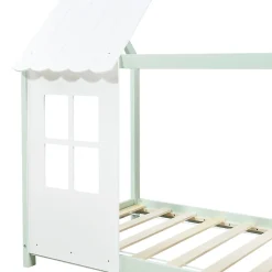 Lit cabane Tostedt pour enfant forme maison bois de pin 90 x 200 cm vert menthe blanc en.casa