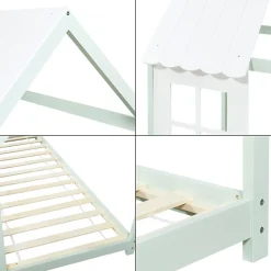 Lit cabane Tostedt pour enfant forme maison bois de pin 90 x 200 cm vert menthe blanc en.casa