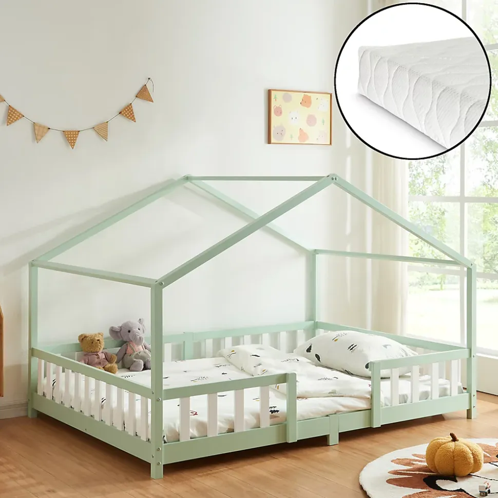 Lit cabane Treviolo avec matelas à mousse froid 200 x 140 cm vert menthe / blanc en.casa