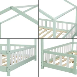 Lit cabane Treviolo avec matelas à mousse froid 200 x 140 cm vert menthe / blanc en.casa