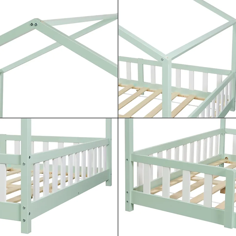 Lit cabane Treviolo avec matelas à mousse froid 200 x 140 cm vert menthe / blanc en.casa