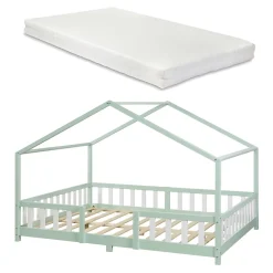 Lit cabane Treviolo avec matelas à mousse froid 200 x 140 cm vert menthe / blanc en.casa