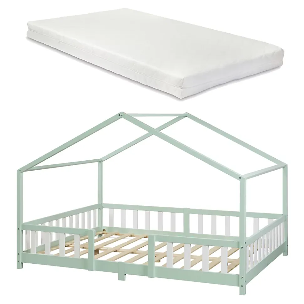 Lit cabane Treviolo avec matelas à mousse froid 200 x 140 cm vert menthe / blanc en.casa