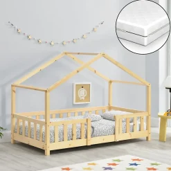 Lit cabane Treviolo avec matelas à mousse froid 160 x 80 cm bois naturel en.casa