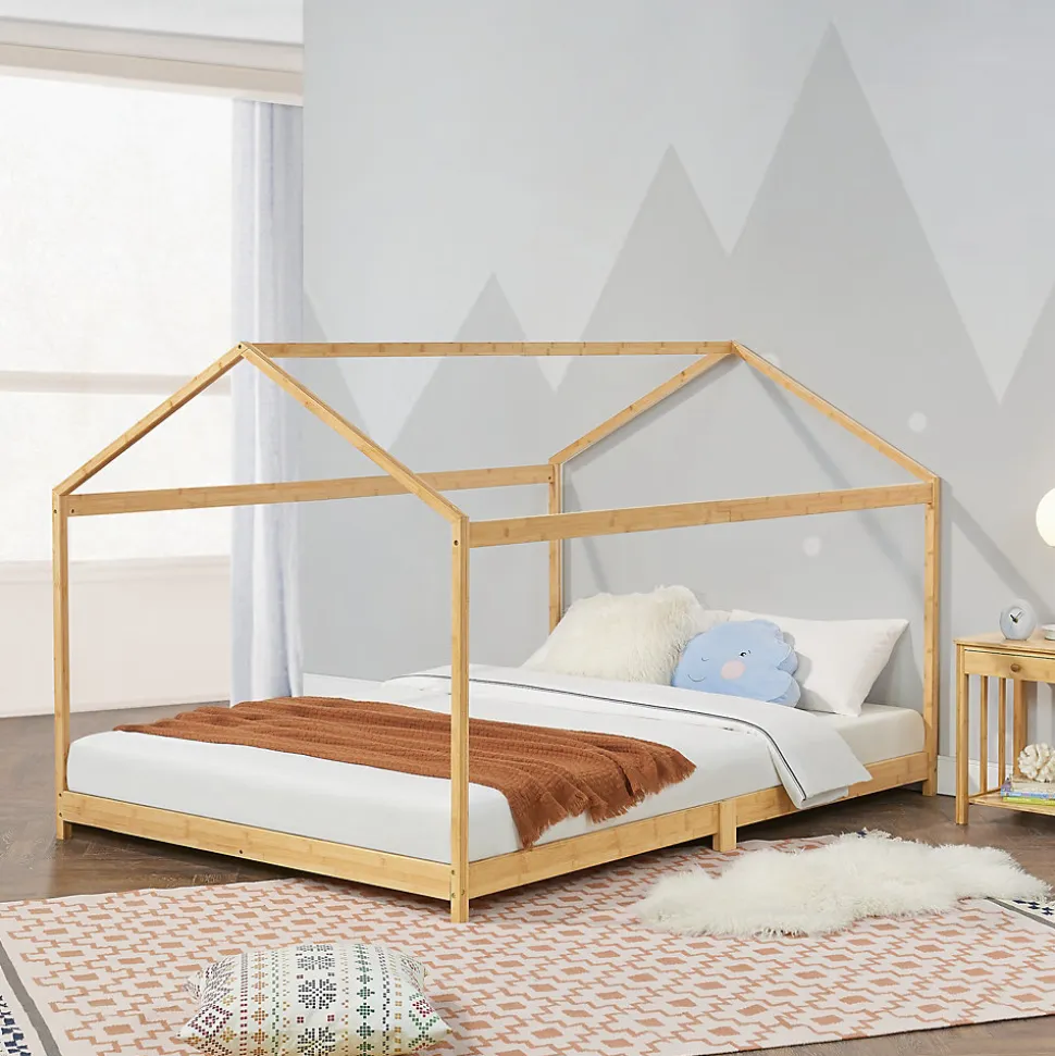 Lit cabane Vindafjord pour enfant 140 x 200 cm forme maison bambou naturel en.casa