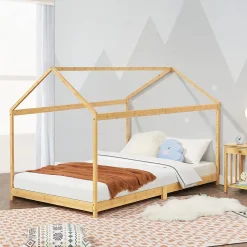 Lit cabane Vindafjord pour enfant 90 x 200 cm forme maison bambou naturel en.casa