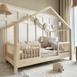 Lit cabane 90x200 barrières et sommier inclus pieds 10 cm Rosalie Bois