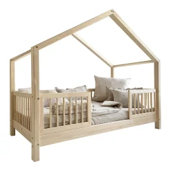 Lit cabane 90x200 barrières et sommier inclus pieds 10 cm Rosalie Bois