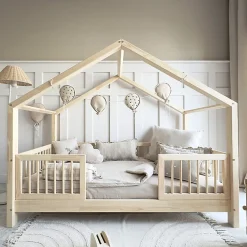 Lit cabane 90x200 barrières et sommier inclus pieds 10 cm Rosalie Bois