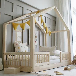 Lit cabane 90x190 barrières et sommier inclus pieds 1 cm Iris Bois