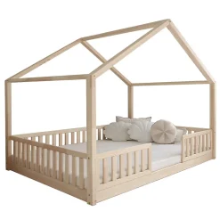 Lit cabane 140x200 barrières et sommier inclus pieds 1 cm Roxane Bois