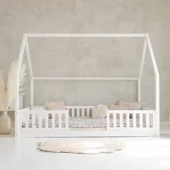 Lit cabane 140x200 barrières et sommier inclus pieds 1 cm Daisy Blanc