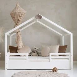 Lit cabane 90x200 barrières et sommier inclus pieds 1 cm Lucile Blanc