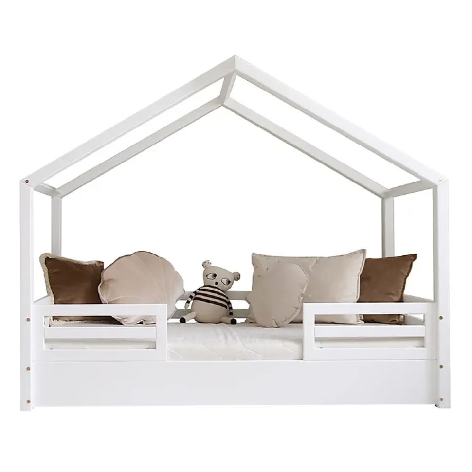 Lit cabane 90x200 barrières et sommier inclus pieds 1 cm Lucile Blanc