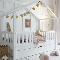 Lit cabane 90x190 barrières sommier et tiroir inclus Roxane Blanc