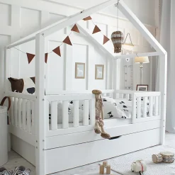 Lit cabane 90x190 barrières sommier et tiroir inclus Roxane Blanc