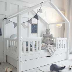 Lit cabane 90x190 barrières sommier et tiroir inclus Roxane Blanc