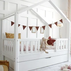 Lit cabane 90x190 barrières sommier et tiroir inclus Roxane Blanc