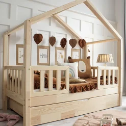 Lit cabane 90x190 barrières sommier et tiroir inclus Roxane Bois