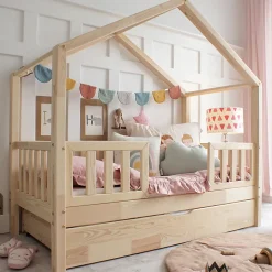 Lit cabane 90x190 barrières sommier et tiroir inclus Roxane Bois