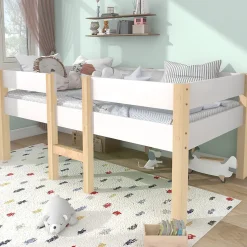 Lit cabane 90x190 cm - Lit enfant mi-hauteur avec protection antichute - Bois massif - Sans Matelas - Blanc